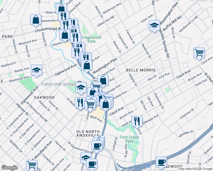 map of restaurants, bars, coffee shops, grocery stores, and more near 2314 North Broadway in Knoxville