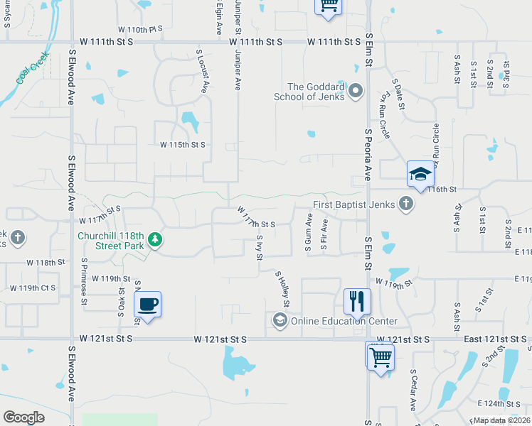 map of restaurants, bars, coffee shops, grocery stores, and more near 1025 West 117th Street South in Jenks