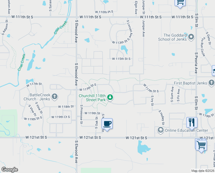 map of restaurants, bars, coffee shops, grocery stores, and more near 1505 West 117th Court South in Jenks
