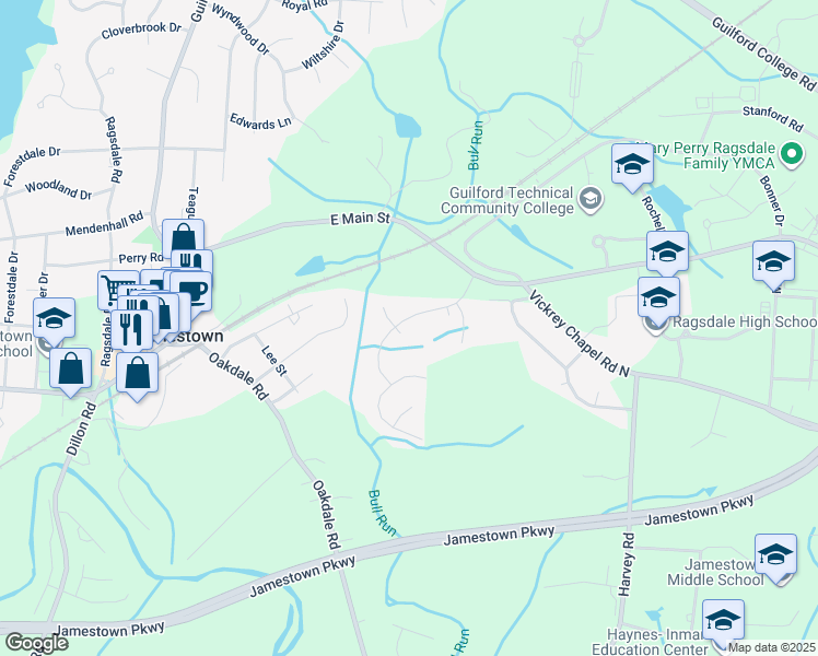 map of restaurants, bars, coffee shops, grocery stores, and more near 213 Yorkleigh Lane in Jamestown