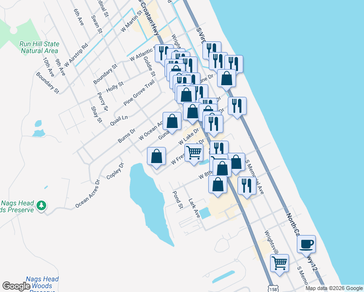 map of restaurants, bars, coffee shops, grocery stores, and more near 402 West Fresh Pond Drive in Kill Devil Hills