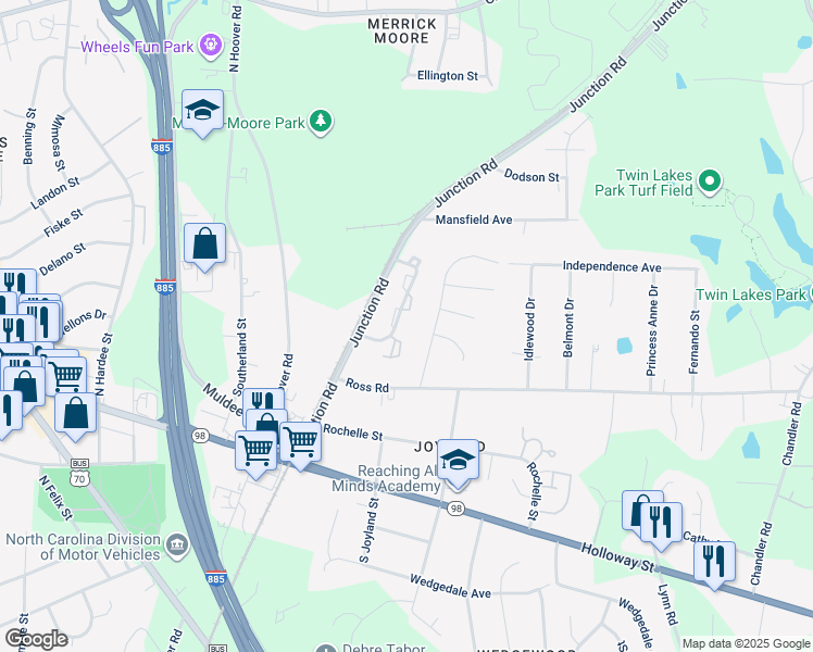 map of restaurants, bars, coffee shops, grocery stores, and more near 322 Junction Road in Durham