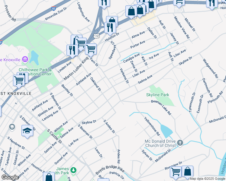 map of restaurants, bars, coffee shops, grocery stores, and more near 3636 Selma Avenue in Knoxville