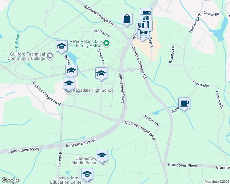 map of restaurants, bars, coffee shops, grocery stores, and more near 4503 Merlin Drive in Greensboro