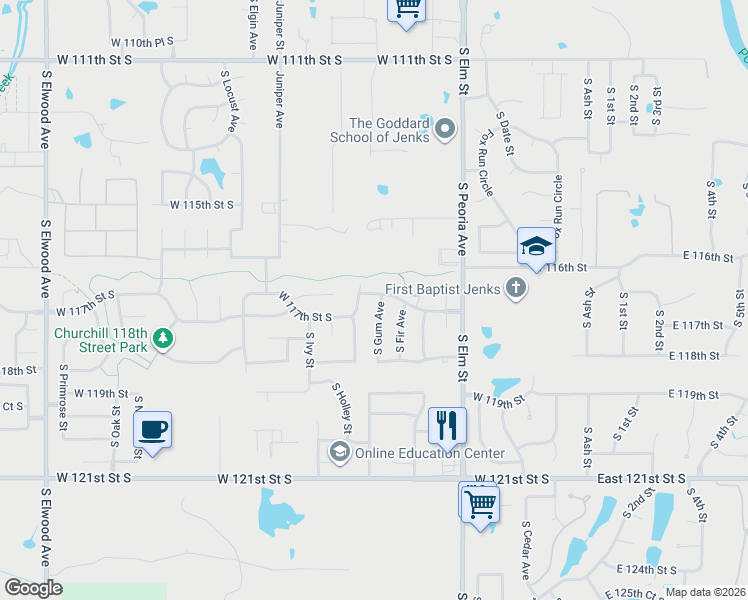 map of restaurants, bars, coffee shops, grocery stores, and more near 11706 South Fir Avenue in Jenks