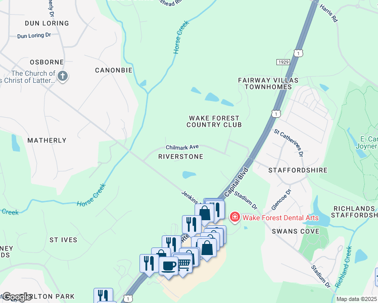 map of restaurants, bars, coffee shops, grocery stores, and more near 1141 Chilmark Avenue in Wake Forest