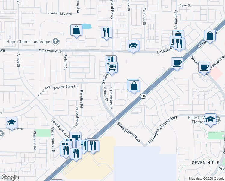 map of restaurants, bars, coffee shops, grocery stores, and more near 10770 South Holmfield Street in Henderson