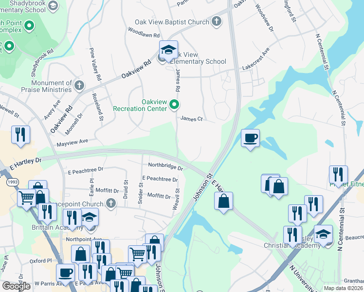 map of restaurants, bars, coffee shops, grocery stores, and more near 3013 Windchase Court in High Point