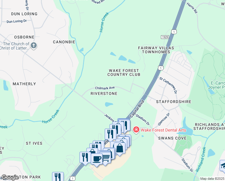 map of restaurants, bars, coffee shops, grocery stores, and more near 1137 Chilmark Avenue in Wake Forest