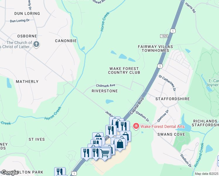 map of restaurants, bars, coffee shops, grocery stores, and more near 1141 Chilmark Avenue in Wake Forest