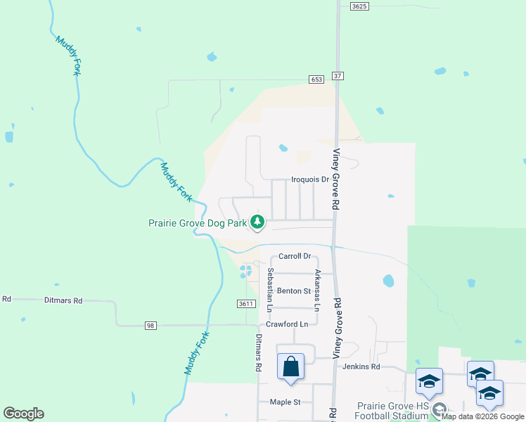 map of restaurants, bars, coffee shops, grocery stores, and more near 1601 Omaha Drive in Prairie Grove