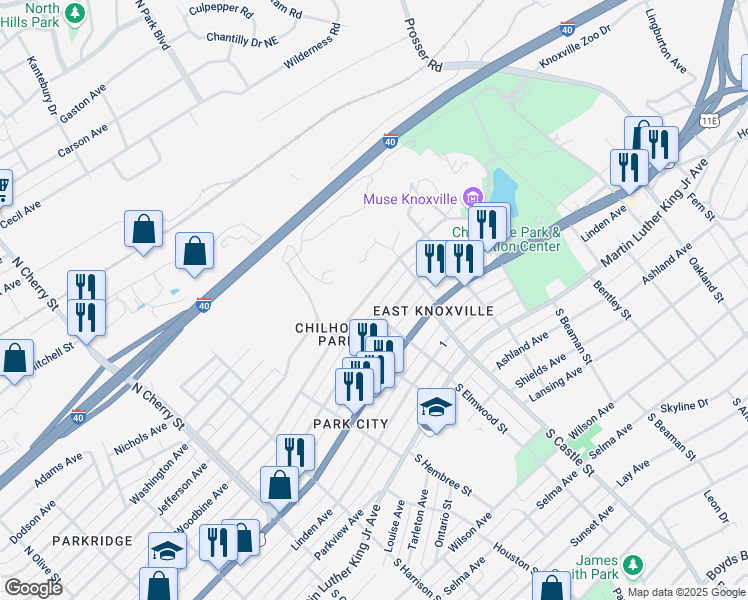 map of restaurants, bars, coffee shops, grocery stores, and more near 3002 East 5th Avenue in Knoxville