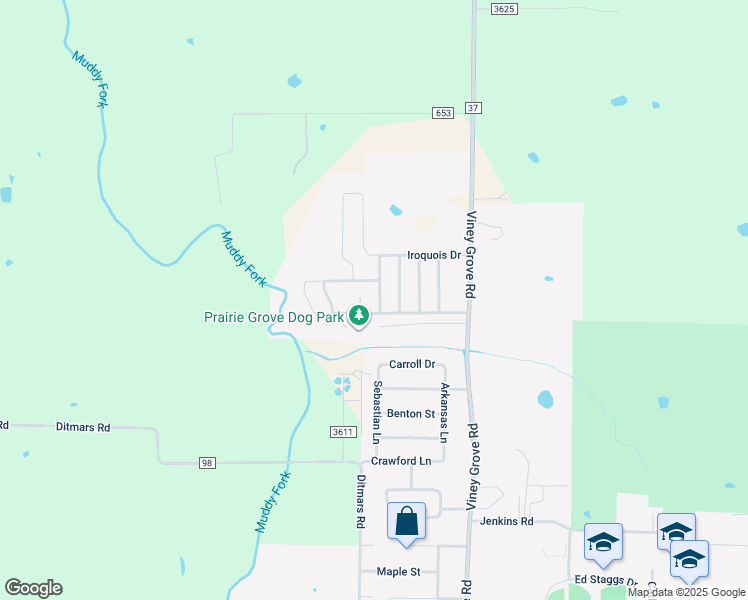 map of restaurants, bars, coffee shops, grocery stores, and more near 1620 Gallant Fox Lane in Prairie Grove