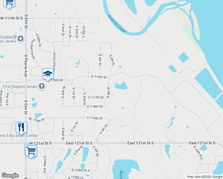 map of restaurants, bars, coffee shops, grocery stores, and more near 11623 South 5th Street in Jenks