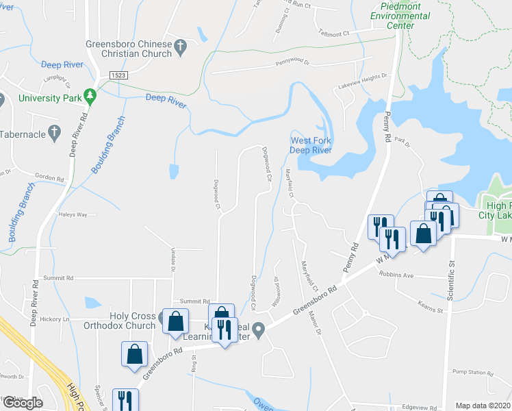 map of restaurants, bars, coffee shops, grocery stores, and more near 678 Dogwood Circle in High Point