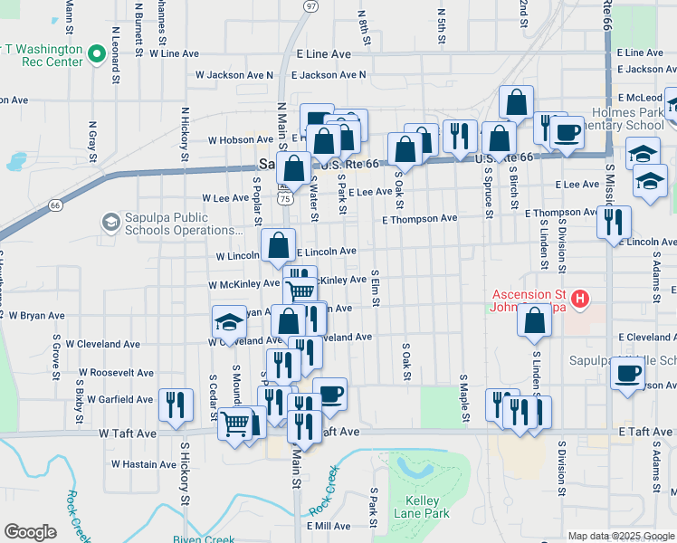 map of restaurants, bars, coffee shops, grocery stores, and more near 322 South Park Street in Sapulpa