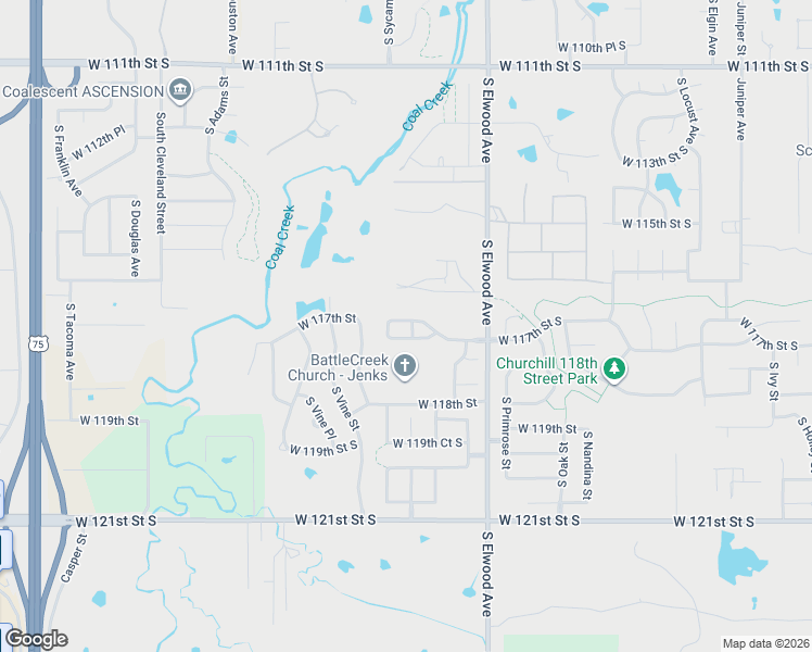 map of restaurants, bars, coffee shops, grocery stores, and more near 11206 South Tamarack Street in Jenks