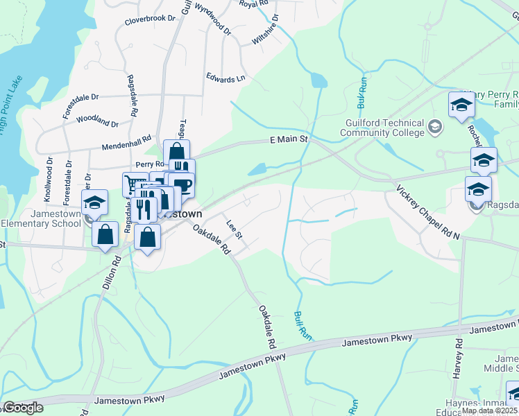 map of restaurants, bars, coffee shops, grocery stores, and more near 303 Jackson Street in Jamestown