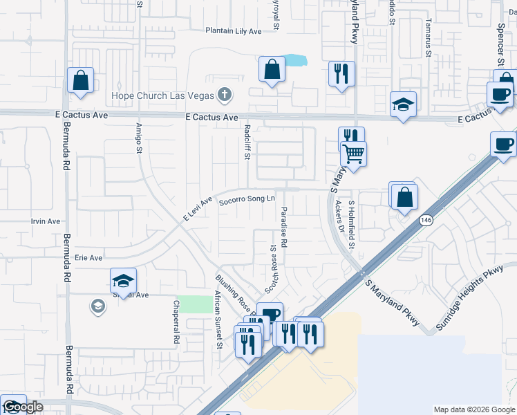 map of restaurants, bars, coffee shops, grocery stores, and more near 10747 Glacier Rapids Court in Henderson