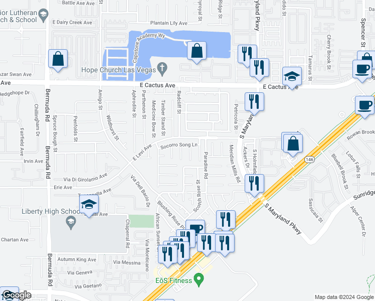 map of restaurants, bars, coffee shops, grocery stores, and more near 10747 Glacier Rapids Court in Henderson