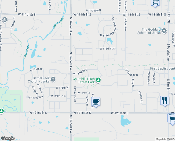 map of restaurants, bars, coffee shops, grocery stores, and more near 1918 West 118th Street South in Jenks