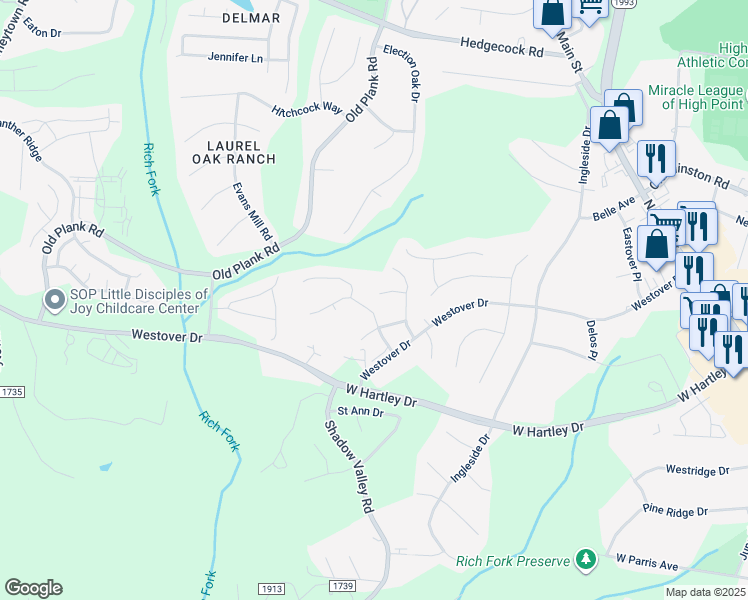 map of restaurants, bars, coffee shops, grocery stores, and more near 663 Switchback Court in High Point