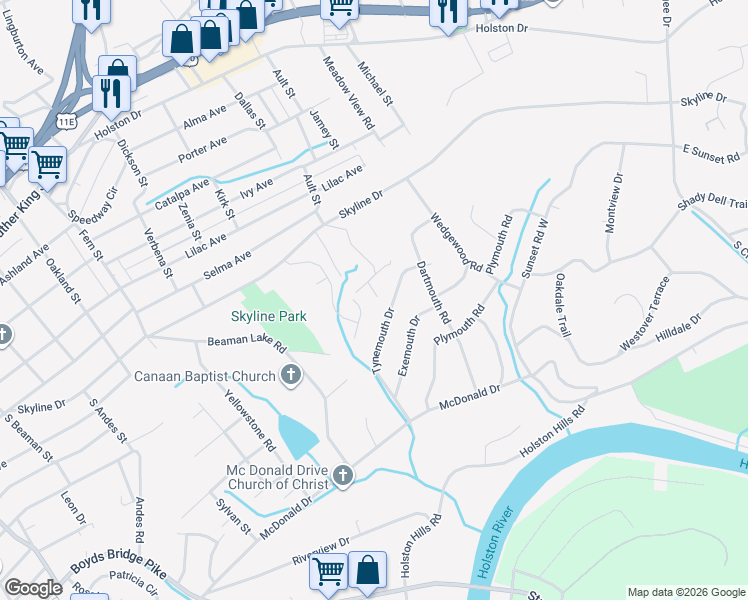map of restaurants, bars, coffee shops, grocery stores, and more near 4429 Tynemouth Drive in Knoxville