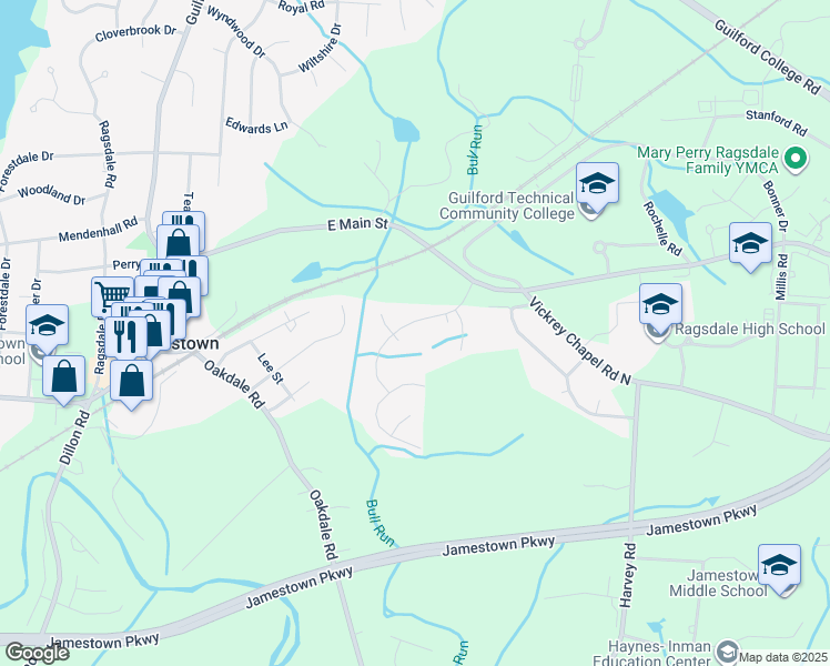 map of restaurants, bars, coffee shops, grocery stores, and more near 213 Yorkleigh Lane in Jamestown