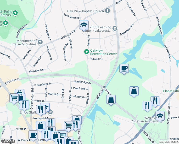 map of restaurants, bars, coffee shops, grocery stores, and more near 120 James Road in High Point