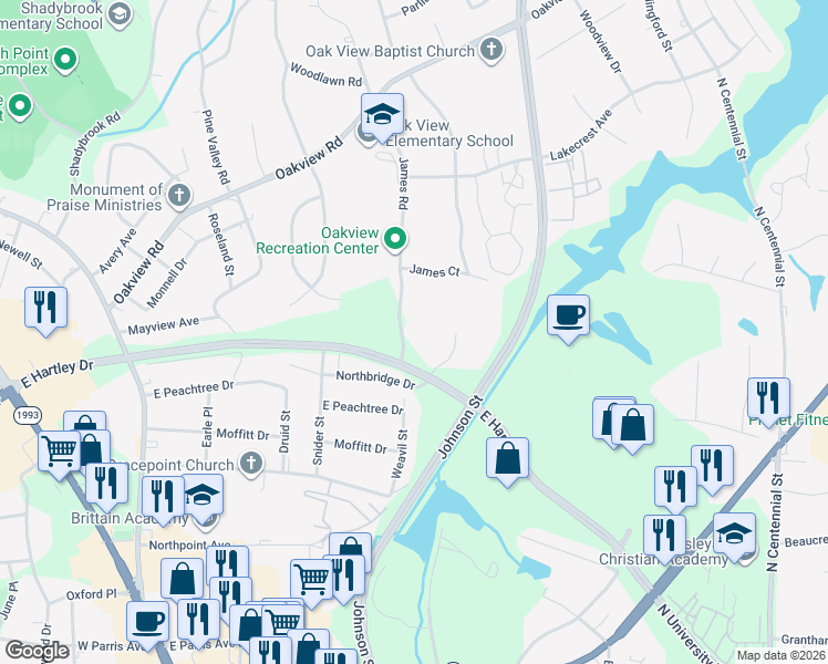 map of restaurants, bars, coffee shops, grocery stores, and more near 120 James Road in High Point