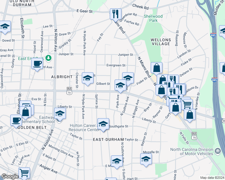 map of restaurants, bars, coffee shops, grocery stores, and more near 1303 Holloway Street in Durham