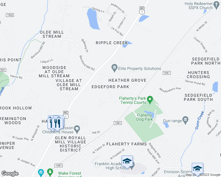 map of restaurants, bars, coffee shops, grocery stores, and more near 305 Rose Petal Run in Wake Forest