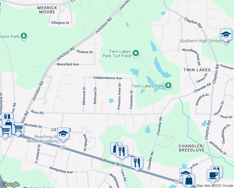 map of restaurants, bars, coffee shops, grocery stores, and more near 431 Princess Anne Drive in Durham