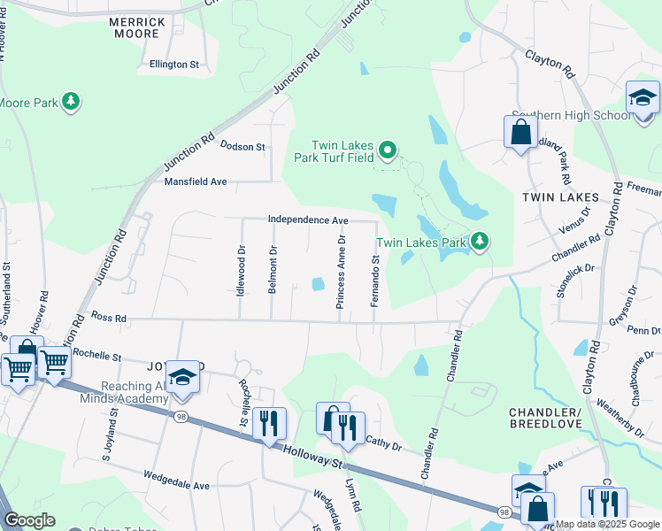 map of restaurants, bars, coffee shops, grocery stores, and more near 431 Princess Anne Drive in Durham