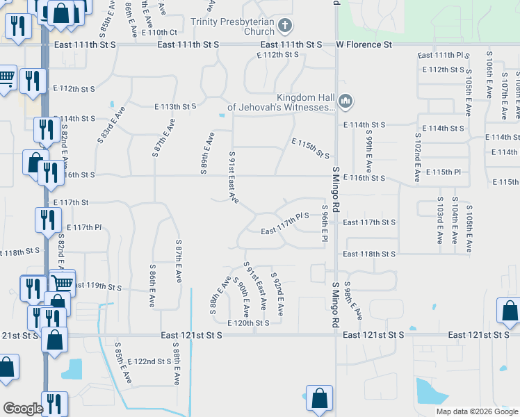 map of restaurants, bars, coffee shops, grocery stores, and more near 11707 South 91st East Avenue in Bixby