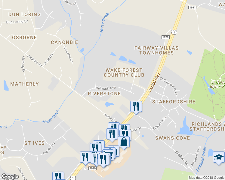 map of restaurants, bars, coffee shops, grocery stores, and more near 1137 Chilmark Avenue in Wake Forest