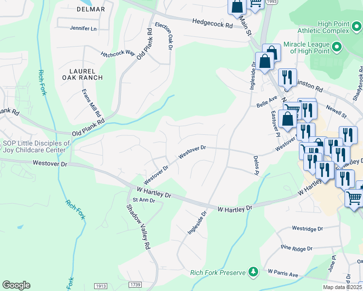 map of restaurants, bars, coffee shops, grocery stores, and more near 611 Westover Drive in High Point