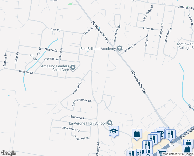 map of restaurants, bars, coffee shops, grocery stores, and more near 123 Chaney Boulevard in La Vergne