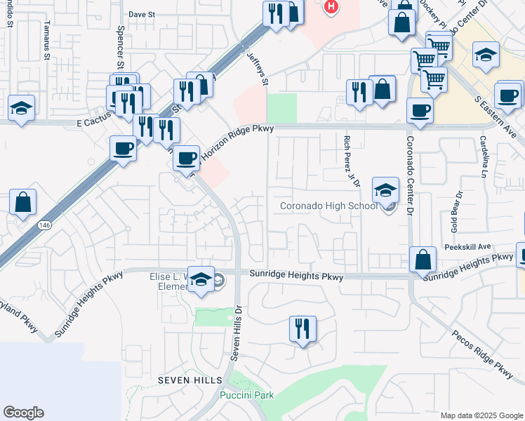 map of restaurants, bars, coffee shops, grocery stores, and more near 950 Seven Hills Drive in Henderson