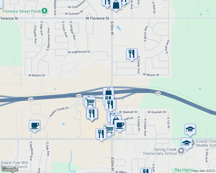 map of restaurants, bars, coffee shops, grocery stores, and more near Liberty Trail in Broken Arrow