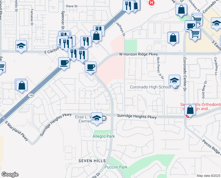 map of restaurants, bars, coffee shops, grocery stores, and more near 950 Seven Hills Drive in Henderson