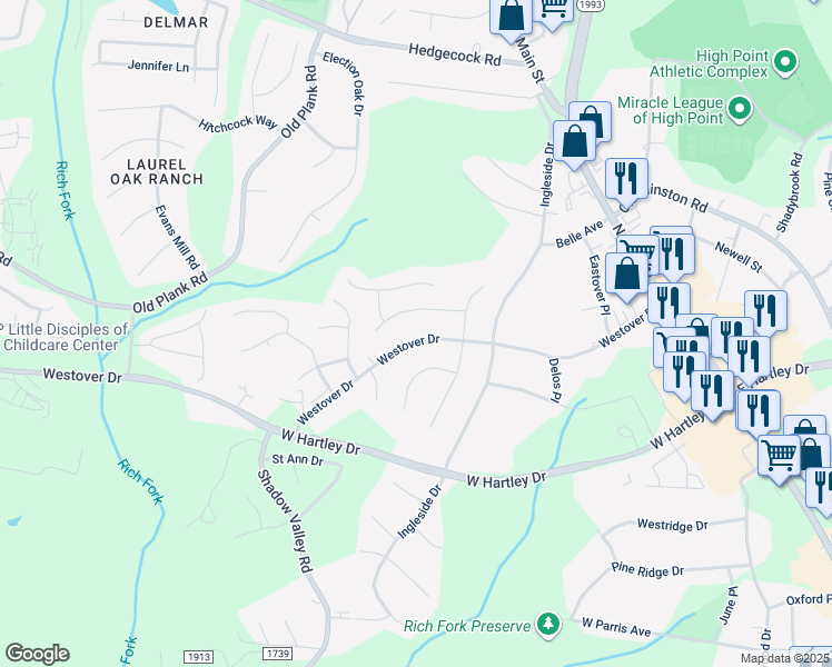 map of restaurants, bars, coffee shops, grocery stores, and more near 600 Westover Drive in High Point