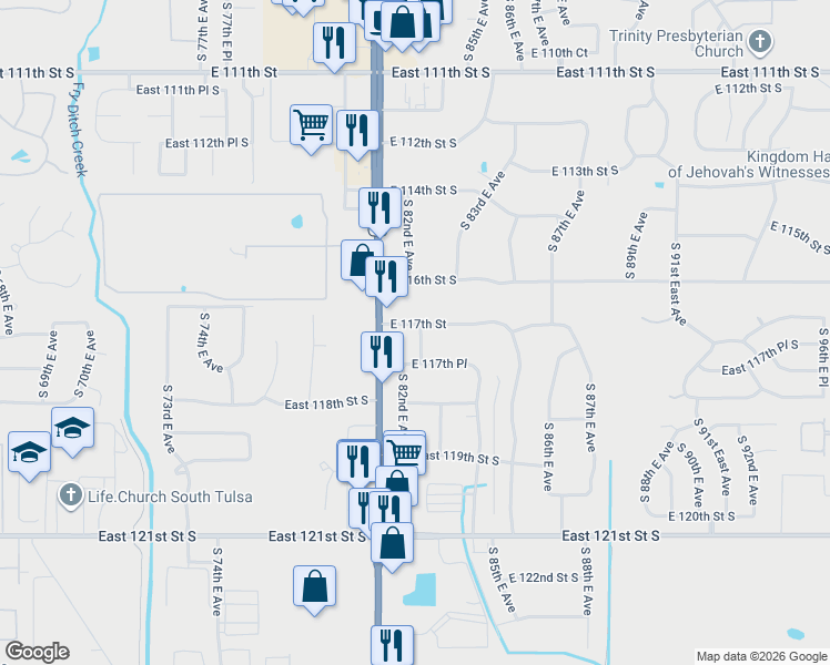 map of restaurants, bars, coffee shops, grocery stores, and more near 8307 East 117th Place in Bixby