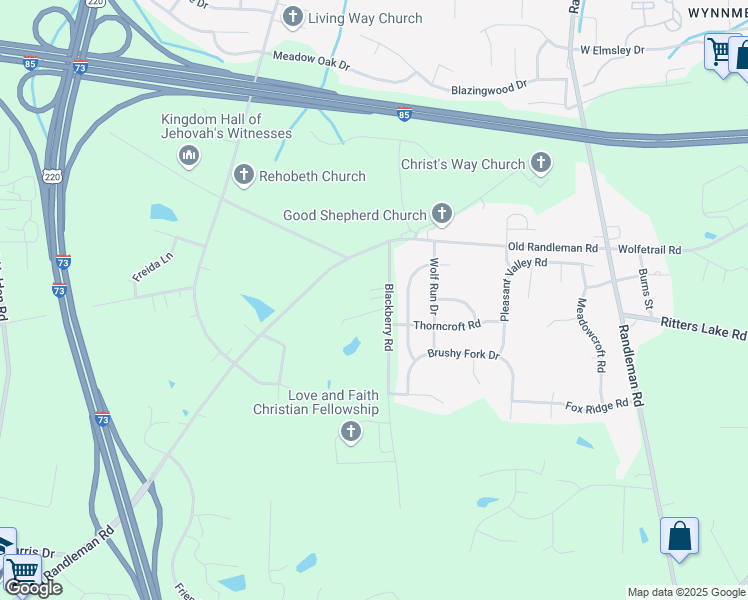 map of restaurants, bars, coffee shops, grocery stores, and more near 4314 Blackberry Road in Greensboro