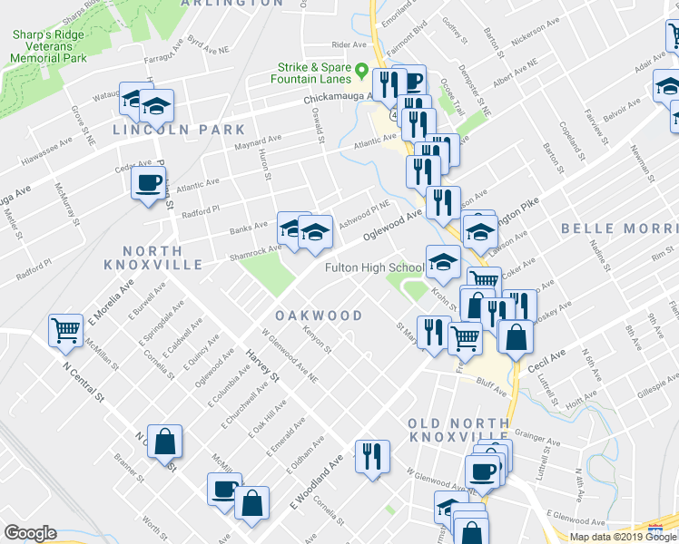 map of restaurants, bars, coffee shops, grocery stores, and more near 945 Ledgerwood Avenue in Knoxville