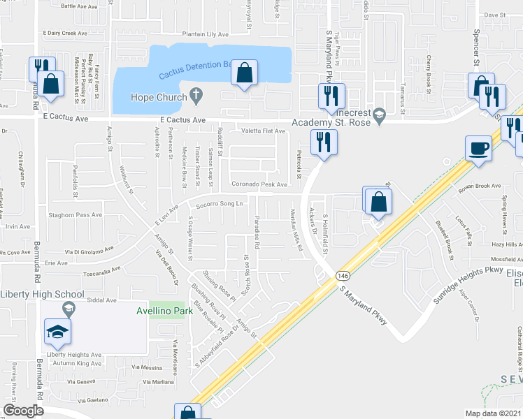 map of restaurants, bars, coffee shops, grocery stores, and more near 10782 Artesia Wells Street in Henderson