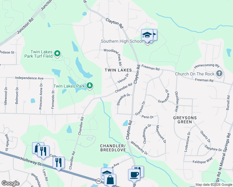map of restaurants, bars, coffee shops, grocery stores, and more near 6 Big Stone Drive in Durham