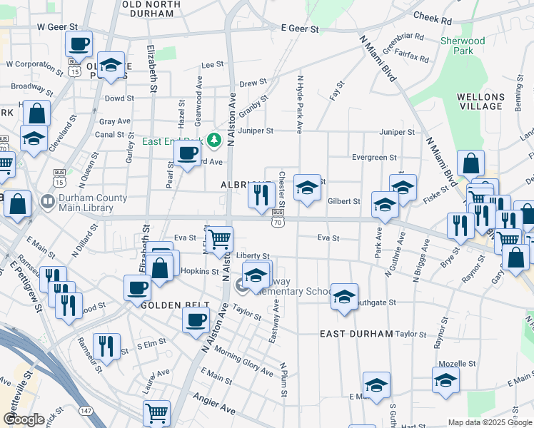 map of restaurants, bars, coffee shops, grocery stores, and more near 1006 Holloway Street in Durham