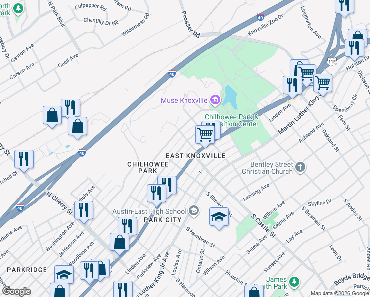 map of restaurants, bars, coffee shops, grocery stores, and more near in Knoxville