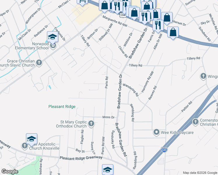 map of restaurants, bars, coffee shops, grocery stores, and more near 1605 Paris Road in Knoxville